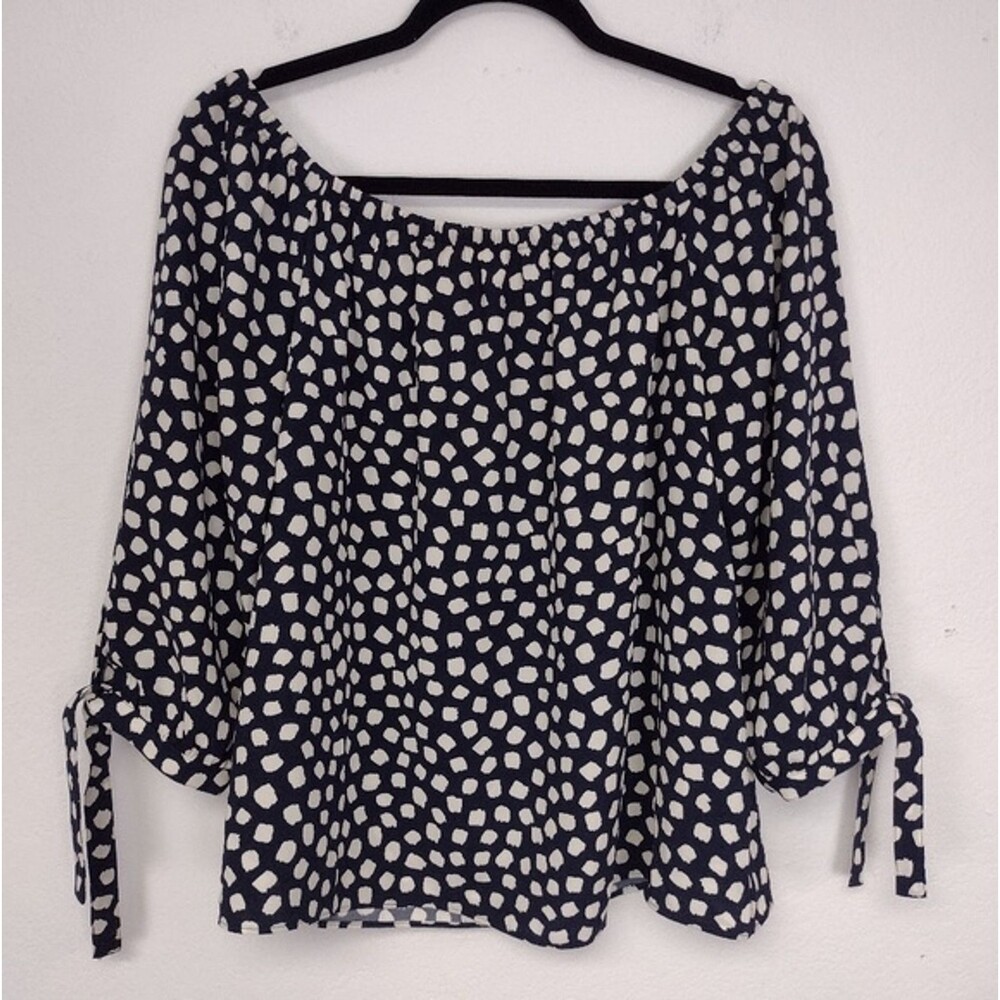 J Crew Blouse Navy/White 3/4 Tie Sleeve Elastic Neck Oversized Sz S Coastal